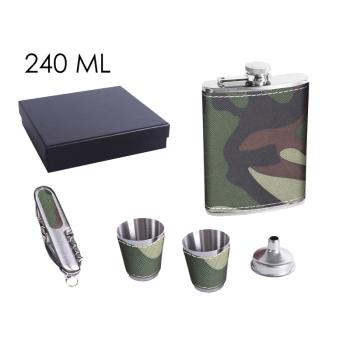 PLOCHÉ SKLO, NEREZOVÁ OCEĽ, SADA V DARČEKOVEJ ŠKATUĽKE S 2 MALÝMI POHÁRMI, LIEVIKOM A NOŽOM, 5 KUSOV, MASKÁČOVÁ KOŽENKA