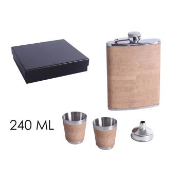 PLOCHÉ SKLO, NEREZOVÁ OCEĽ, SADA V DARČEKOVEJ ŠKATUĽKE, 2 MALÉ POHÁRE, LIEVIK, 4 KUSY, HNEDÝ TEXTIL