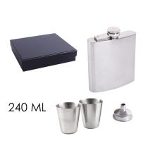 PLOCHÉ SKLO, NEREZOVÁ OCEĽ, SADA V DARČEKOVEJ ŠKATUĽKE, 2 MALÉ POHÁRE, LIEVIK, 4 KUSY KOŽENKY