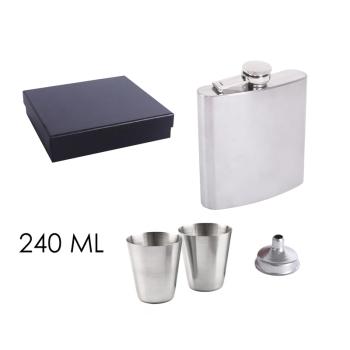 PLOCHÉ SKLO, NEREZOVÁ OCEĽ, SADA V DARČEKOVEJ ŠKATUĽKE, 2 MALÉ POHÁRE, LIEVIK, 4 KUSY KOŽENKY