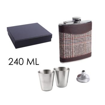 PLOCHÉ SKLO, NEREZOVÁ OCEĽ, SADA V DARČEKOVEJ ŠKATUĽKE, 2 MALÉ POHÁRE S LIEVIKOM, 4 KUSY, HNEDÁ KOCKA