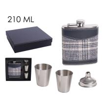 PLOCHÁ SKLENENÁ SÚPRAVA Z NEHRDZAVEJÚCEJ OCELE V DARČEKOVEJ ŠKATUĽKE S 2 MALÝMI POHÁRMI V KOŽENKE