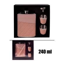 PLOCHÉ SKLO, NEREZOVÁ OCEĽ, SADA V DARČEKOVEJ ŠKATUĽKE, 2 MALÉ POHÁRE, LIEVIK, 4 KUSY, LOSOSOVÁ KOŽENKA