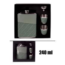 PLOCHÉ SKLO, NEREZOVÁ OCEĽ, SADA V DARČEKOVEJ ŠKATUĽKE, 2 MALÉ POHÁRE, LIEVIK, 4 KUSY, ZELENÁ KOŽENKA