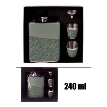 PLOCHÉ SKLO, NEREZOVÁ OCEĽ, SADA V DARČEKOVEJ ŠKATUĽKE, 2 MALÉ POHÁRE, LIEVIK, 4 KUSY, ZELENÁ KOŽENKA