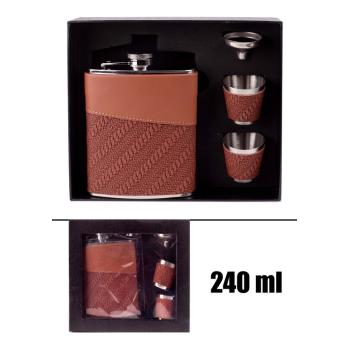 PLOCHÉ SKLO, NEREZOVÁ OCEĽ, SADA V DARČEKOVEJ ŠKATUĽKE, 2 MALÉ POHÁRE, LIEVIK, 4 KUSY, HNEDÁ KOŽENKA