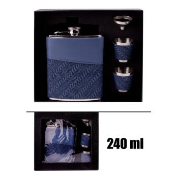 PLOCHÉ SKLO, NEREZOVÁ OCEĽ, SADA V DARČEKOVEJ ŠKATUĽKE, 2 MALÉ POHÁRE S LIEVIKOM, 4 KUSY, MODRÁ KOŽENKA