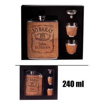 PLOCHÉ SKLO, NEREZOVÁ OCEĽ, SADA V DARČEKOVEJ ŠKATUĽKE, 2 MALÉ POHÁRE, LIEVIK, 4 KUSY, KORKOVÝ KRYT, "JÓ BARÁT, ISTEN ÉLTESSEN"