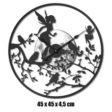 KOVOVÉ HODINY, NÁSTENNÉ HODINY, OKRÚHLE, VÍLY NA VETVE STROMU, ČIERNE