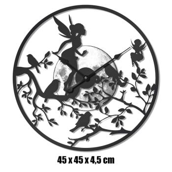 KOVOVÉ HODINY, NÁSTENNÉ HODINY, OKRÚHLE, VÍLY NA VETVE STROMU, ČIERNE