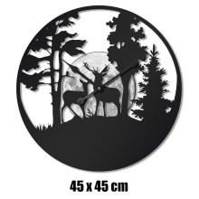 KOVOVÉ HODINY, NÁSTENNÉ, OKRÚHLE, JELEŇ V LESE, ČIERNE