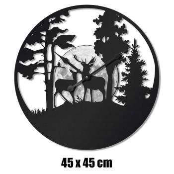 KOVOVÉ HODINY, NÁSTENNÉ, OKRÚHLE, JELEŇ V LESE, ČIERNE