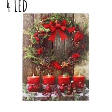 PLÁTNO OSVETLENÝ OBRAZ SO 4 LED SVIEČKAMI S VENCOM, ČERVENÁ