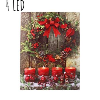 PLÁTNO OSVETLENÝ OBRAZ SO 4 LED SVIEČKAMI S VENCOM, ČERVENÁ