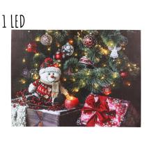 PLÁTNO SVIETI OBRAZ S 1 LED, VIANOČNÝ STROMČEK S DARČEKMI A SNEHULIAKOM