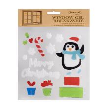 GÉL NA OKNO TUČNIAK A DARČEKY. " MERRY CHRISTMAS" NÁPIS BIELY