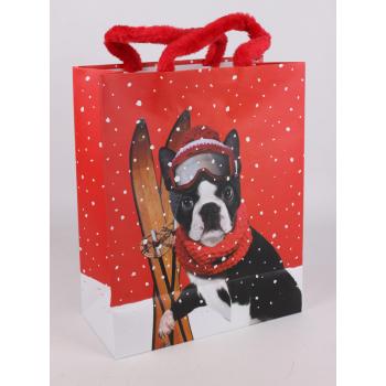 PAPIEROVÁ TAŠKA S LESKLÝMI PLYŠOVÝMI UŠAMI, VZOROM BULDOGA A LYŽÍ