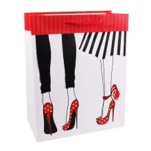 PAPIEROVÉ TAŠKY S LESKLÝMI ČERVENÝMI PODPÄTKAMI, ČIERNO-BIELY VZOR ŠIAT