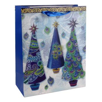 PAPIEROVÁ TAŠKA S CHLOPŇOU Z LESKLEJ STUHY, MODRÉ BOROVICE PÁVY NA BIELOM POZADÍ