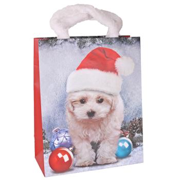 PAPIEROVÁ TAŠKA, MATNÁ, S PLYŠOVÝMI UŠAMI, BIELYM VZOROM PSÍKA A KLOBÚKA