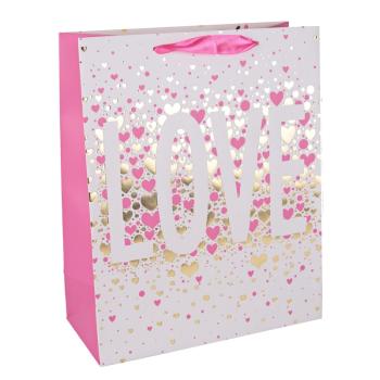 PAPIEROVÉ TAŠKY, MATNÉ, ZLATÁ POTLAČ, STUŽKOVÉ ZÁLOŽKY, NÁPIS LOVE, RUŽOVÉ SRDIEČKA