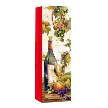 PAPIEROVÉ VRECKO S PODLOŽKOU NA VÍNO, POHÁROM NA VÍNO A POHÁROM S HROZNOM NA BIELOM POZADÍ