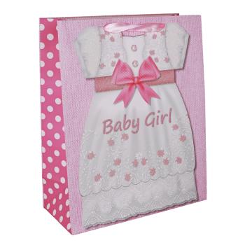 PAPIEROVÁ TAŠKA S MATNÝMI, TRBLIETAVÝMI, STUŽKOVÝMI UŠAMI, VZOR RUŽOVÝCH DETSKÝCH ŠIAT, NÁPIS BABY GIRL