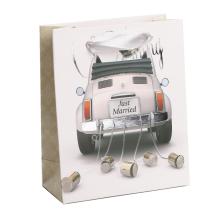 PAPIEROVÉ TAŠKY, MATNÉ, SO STRIEBORNOU POTLAČOU, S CHLOPŇOU SO STUHOU, VZOR VOZÍKA A PLECHOVIEK, NÁPIS JUST MARRIED