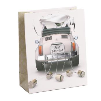 PAPIEROVÉ TAŠKY, MATNÉ, SO STRIEBORNOU POTLAČOU, S CHLOPŇOU SO STUHOU, VZOR VOZÍKA A PLECHOVIEK, NÁPIS JUST MARRIED