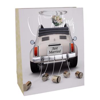 PAPIEROVÉ TAŠKY, MATNÉ, SO STRIEBORNOU POTLAČOU, S CHLOPŇOU SO STUHOU, VZOR VOZÍKA A PLECHOVIEK, NÁPIS JUST MARRIED