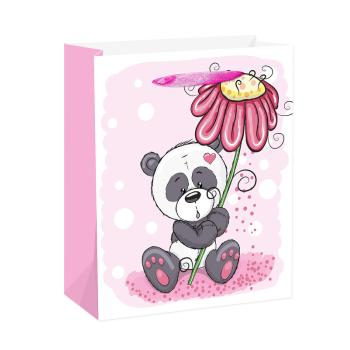 PAPIEROVÉ VRECKO S MATNOU, STUŽKOVOU CHLOPŇOU, PANDA S RUŽOVOU GERBEROU
