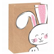 PAPIEROVÉ TAŠKY NA MATNOM KRAFTOVOM POZADÍ BIELY ZAJAČIK S RUŽOVÝMI ZÁLOŽKAMI