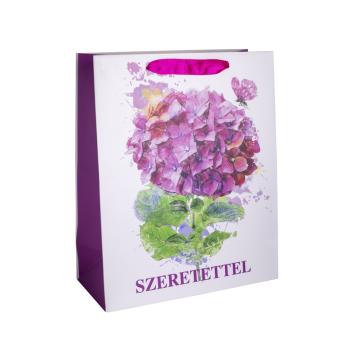 PAPIEROVÉ TAŠKY S CHLOPŇOU Z MATNEJ STUHY, NÁPIS "SZERETETTEL", FIALOVÁ HORTENZIA