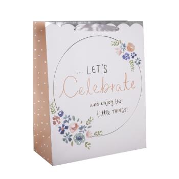 PAPIEROVÉ TAŠKY S MATNÝMI STUŽKAMI, RELIÉFNA MIMBA, "LETS CELEBRATE"