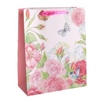 PAPIEROVÁ TAŠKA MATNÁ, S CHLOPŇOU ZO STUHY, TRBLIETAVÁ RUŽOVÁ RUŽA