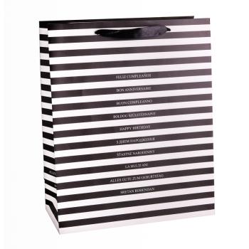 PAPIEROVÁ TAŠKA MATNÁ ČIERNOBIELA PRUHOVANÁ S MNOHÝMI JAZYKMI "BOLGOG SZÜLETÉSNAPOT"