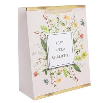 PAPIEROVÉ TAŠKY S MATNOU, LESKLOU POTLAČOU, NÁPISOM "CSAK NEKED SZERETETTEL", KVETINOVÁ