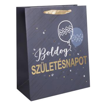PAPIEROVÁ TAŠKA MATNÁ, LESKLÁ, NÁPIS "BOLDOG SZÜLETÉSNAPOT", TMAVOMODRÁ A ZLATÁ