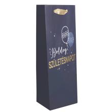 PAPIEROVÉ TAŠKY S MATNÝM VÍNOM, ZLATOU LESKLOU POTLAČOU, NÁMORNÍCKOU MODROU A ZLATOU FARBOU S NÁPISOM " BOLDOG SZÜLETÉSNAPOT "