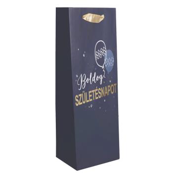 PAPIEROVÉ TAŠKY S MATNÝM VÍNOM, ZLATOU LESKLOU POTLAČOU, NÁMORNÍCKOU MODROU A ZLATOU FARBOU S NÁPISOM " BOLDOG SZÜLETÉSNAPOT "