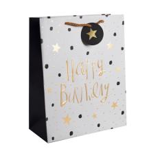 PAPIEROVÁ TAŠKA MATNÁ, ZLATÁ S LESKLOU POTLAČOU, ŠNÚRKA S CHLOPŇOU, NÁPIS "HAPPY BIRTHDAY", SIVÁ