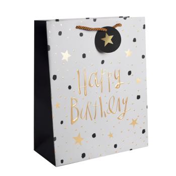 PAPIEROVÁ TAŠKA MATNÁ, ZLATÁ S LESKLOU POTLAČOU, ŠNÚRKA S CHLOPŇOU, NÁPIS "HAPPY BIRTHDAY", SIVÁ