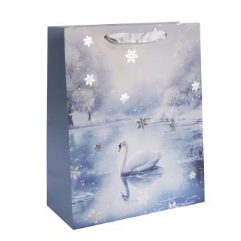 PAPIEROVÁ TAŠKA MATNÁ STRIEBORNÁ S LESKLOU POTLAČOU, LABUŤ, MODRÁ