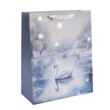 PAPIEROVÁ TAŠKA MATNÁ STRIEBORNÁ S LESKLOU POTLAČOU, LABUŤ, MODRÁ