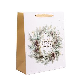 PAPIEROVÉ TAŠKY S MATNOU ZLATOU LESKLOU POTLAČOU, NÁPIS "BOLDOG KARÁCSONYT", VENIEC