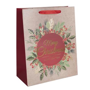 PAPIEROVÉ TAŠKY S MATNOU ZLATOU LESKLOU POTLAČOU, NÁPIS "MERRY CHRISTMAS AND HAPPY NEW YEAR", VETVIČKY BOBÚĽ