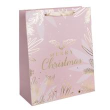 PAPIEROVÁ TAŠKA MATNÁ, ZLATÁ S LESKLOU POTLAČOU, NÁPIS "MERRY CHRISTMAS", RUŽOVÝ PODKLAD