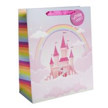 PAPIEROVÁ TAŠKA MATNÁ, TRBLIETAVÁ, UV., S KARTIČKOU, "BIRTHDAY PRINCESS", RUŽOVÝ HRAD, DÚHA