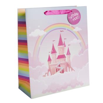 PAPIEROVÁ TAŠKA MATNÁ, TRBLIETAVÁ, UV., S KARTIČKOU, "BIRTHDAY PRINCESS", RUŽOVÝ HRAD, DÚHA