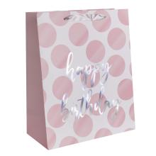 PAPIEROVÁ TAŠKA MATNÁ, STRIEBORNÁ HOLOGRAFICKÁ S LESKLOU POTLAČOU, "HAPPY BIRTHDAY" S RUŽOVÝMI BODKAMI